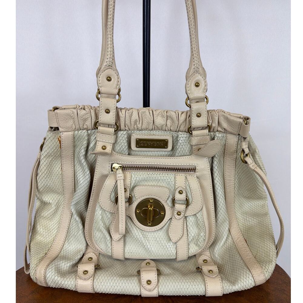 VINTAGE LOCKHEART Cream Leather Large Handbag Snakeskin Details Multi Pocket Bag